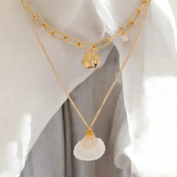 🆕️ 14K Gold Plated Layered Necklace with Natural Shell & Freshwater Pearl - Picture 9 of 9